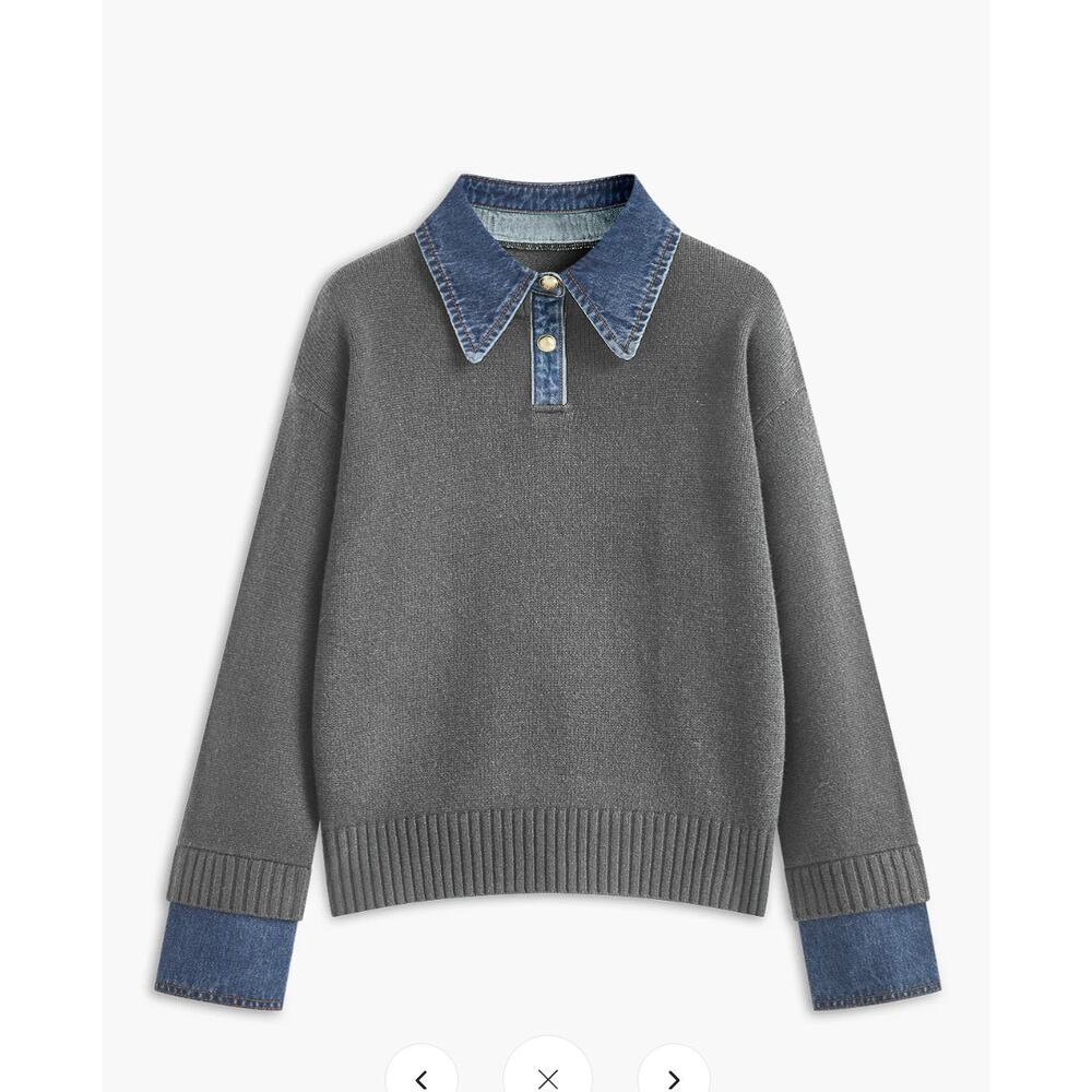 Commense Gray Crewneck Sweater with Blue Denim Collar & Cuffs